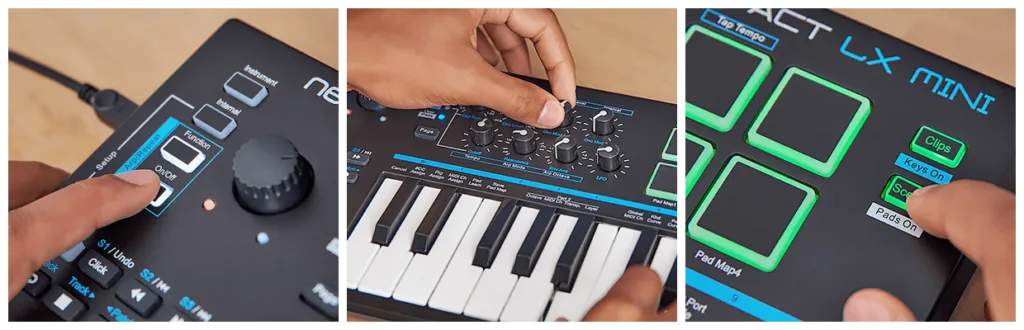 Hands demonstrating Nektar Impact LX Mini keyboard controls, showing black keys, blue knobs, and green pad sections