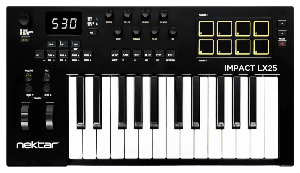 Nektar Impact LX25 mk3 MIDI keyboard controller, black with 25 keys, 16 illuminated pads, and control knobs on left side