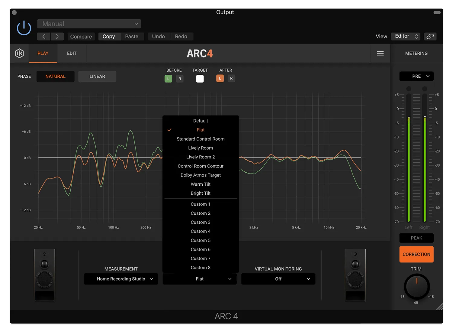 iZotope ARC 4 audio correction software interface showing frequency response graph with orange and green waveforms, preset menu open, metering