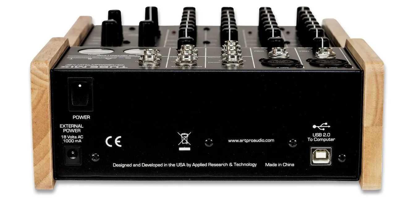 ART TubeMix mixer rear panel showing power input, USB connection, and wooden side panels against white background