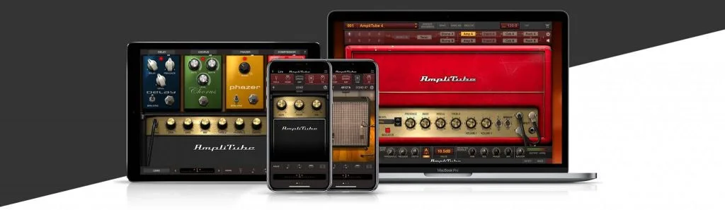 IK Multimedia AmpliTube guitar amp plugin displayed across multiple devices including laptop, tablets, and phones showing red interface