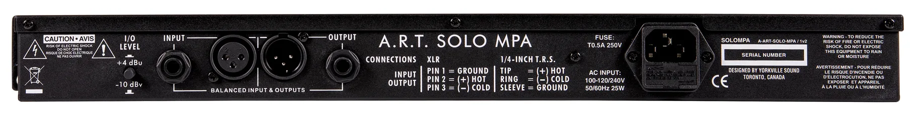 A.R.T. SOLO MPA microphone preamp rear panel showing XLR connectors, balanced I/O, and AC input on black background