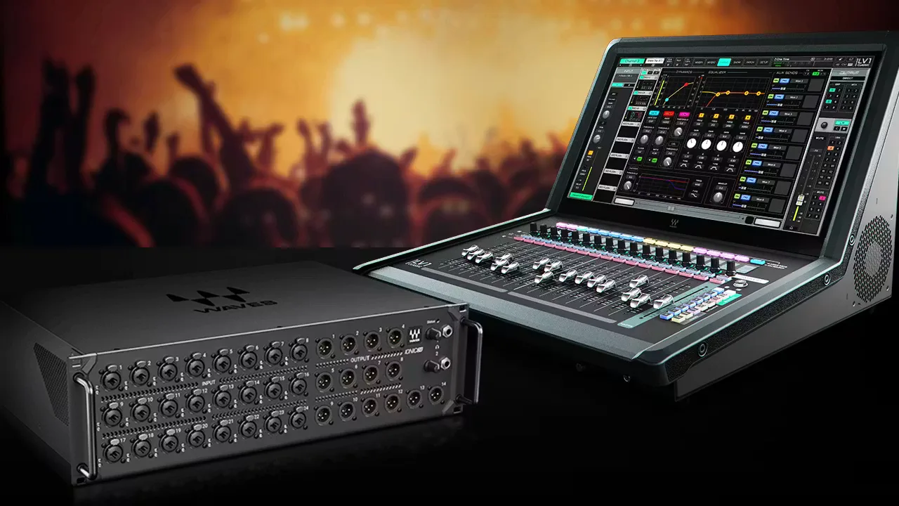 Waves IONIC 24 console with angled display screen showing digital mixer interface, paired with external I/O rack unit