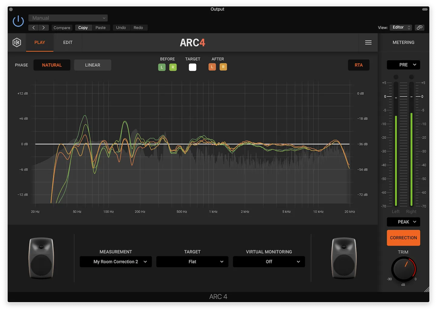 IK Multimedia ARC 4 room correction software interface showing frequency response graph with before/after curves and metering display.