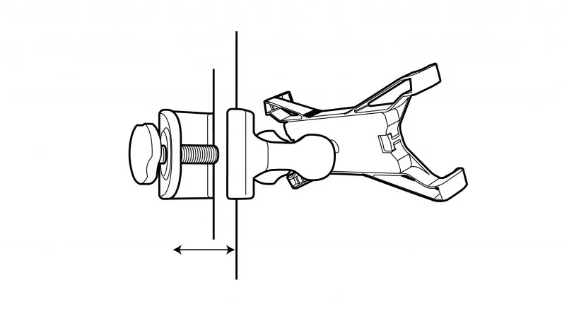 Top-down technical drawing of iKlip Xpand universal device mount showing expandable clamp arms and threaded mount shaft against white background