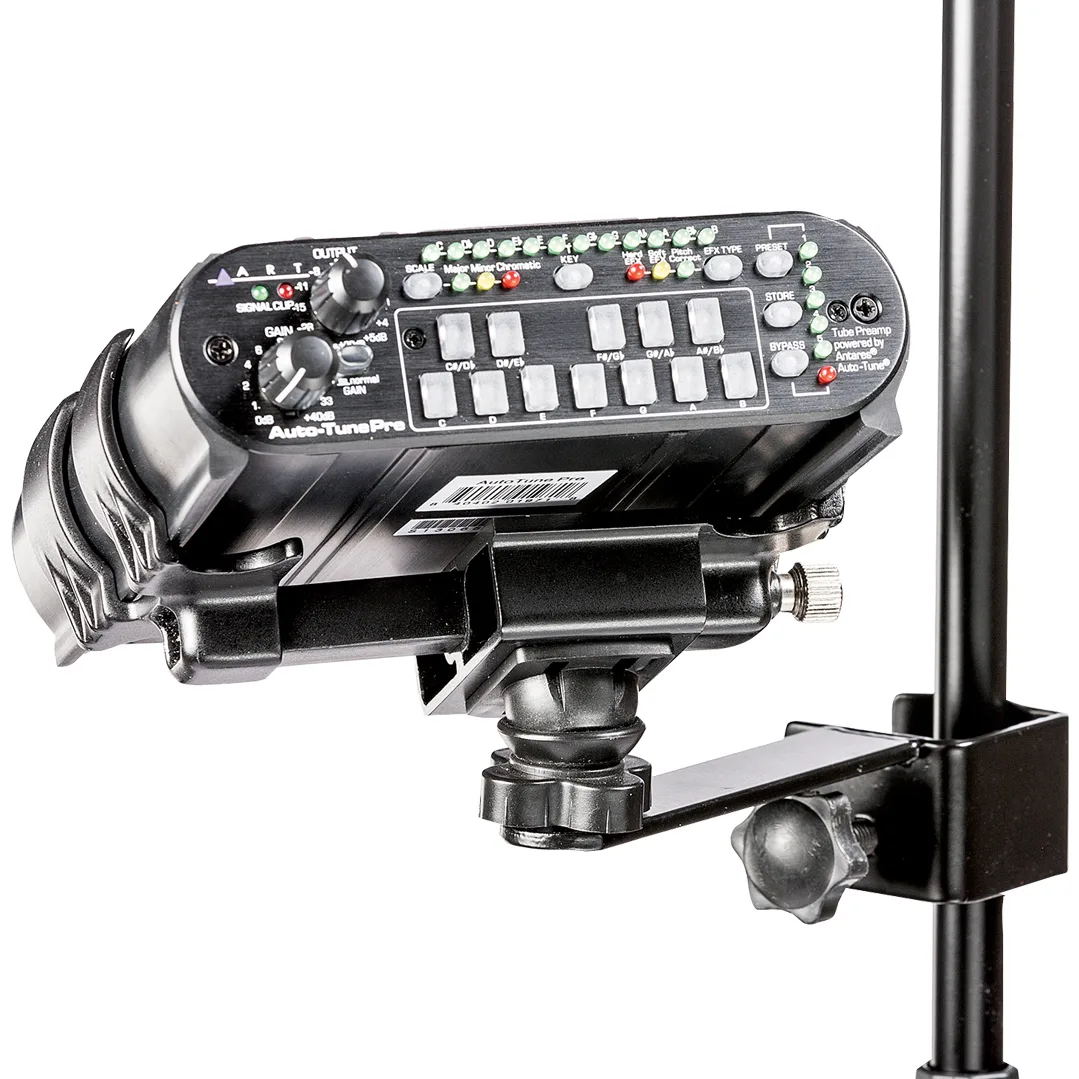 ART Auto-Tune Pro microphone mounted on pole bracket, black control unit with knobs and white buttons visible against white background