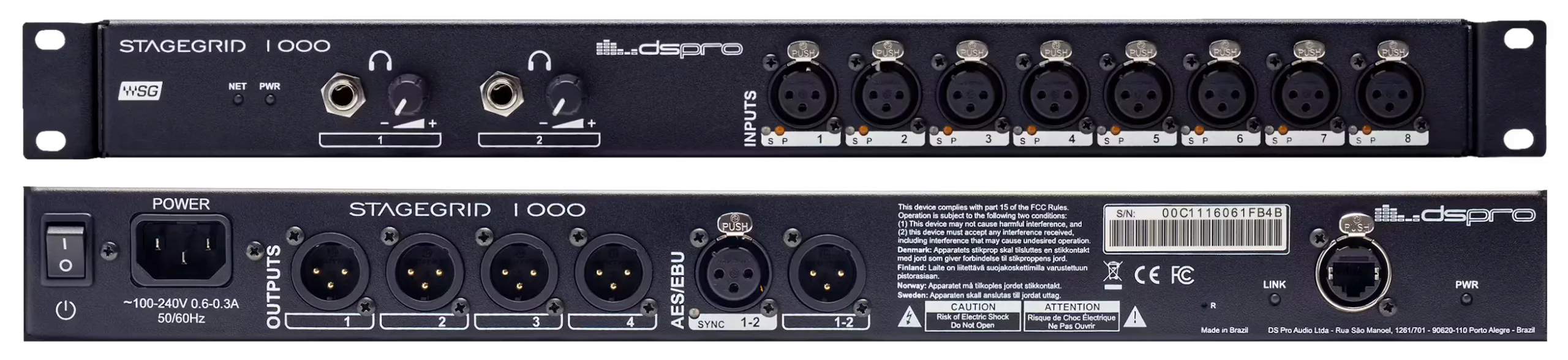 Front and rear panel views of Waves DSPRO StageGrid 1000 audio interface showing 8 XLR inputs and 4 XLR outputs