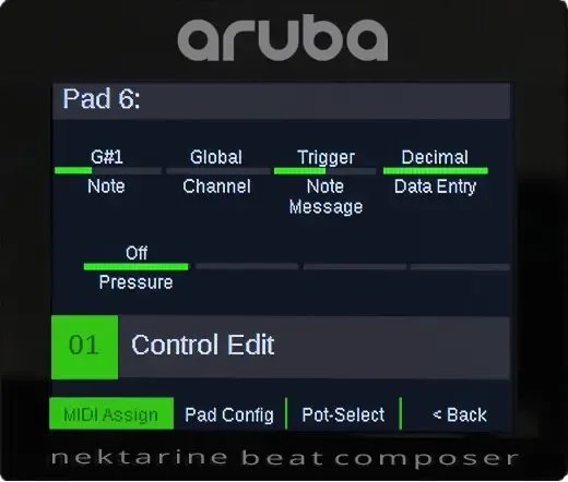 Nektar Aruba pad controller screen showing Pad 6 settings with green highlight, displaying MIDI assignment, pad config, and control options