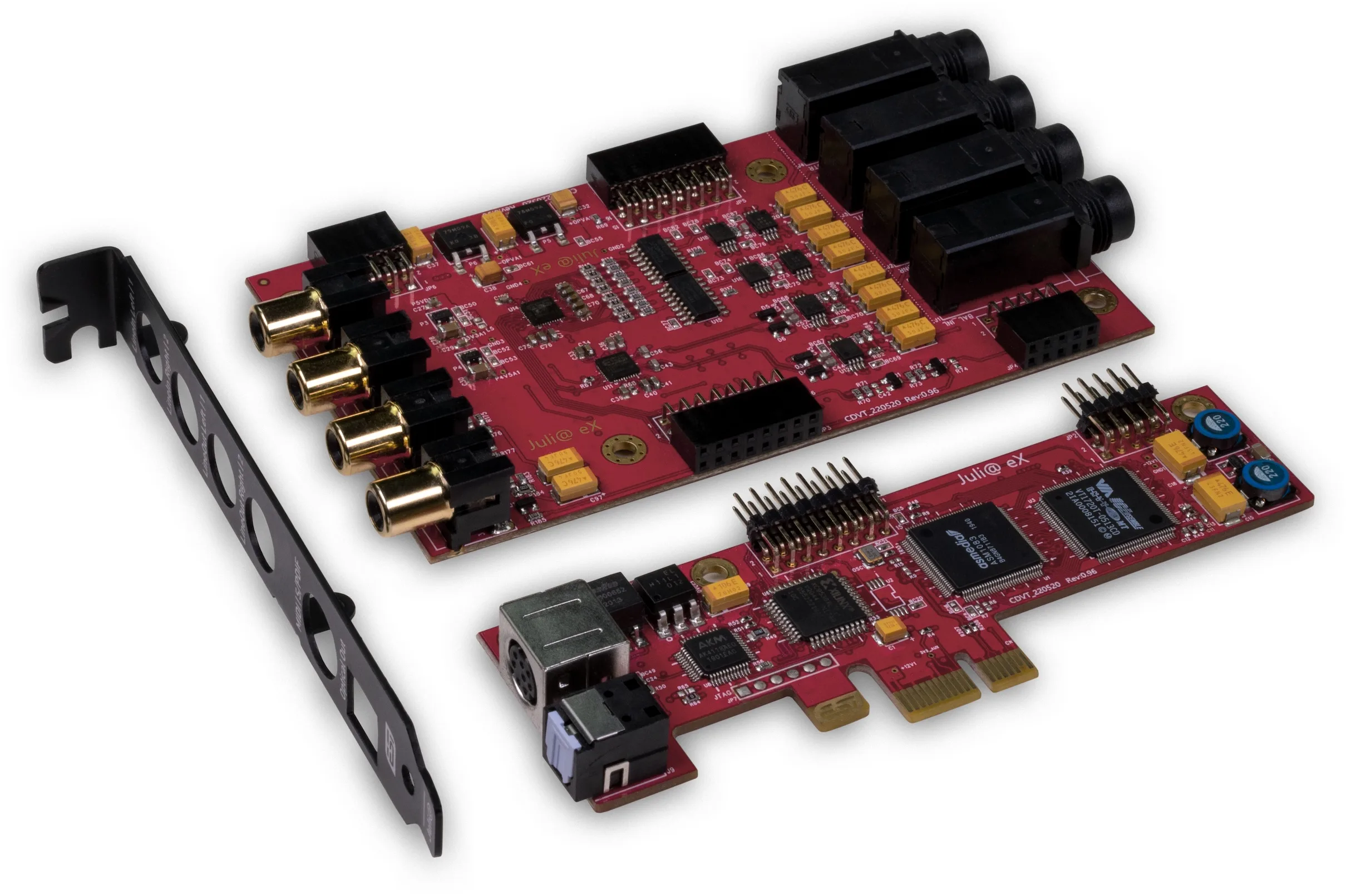 ESI Juli@ eX audio interface showing red circuit boards with gold connectors, XLR inputs, and mounting bracket on white background.