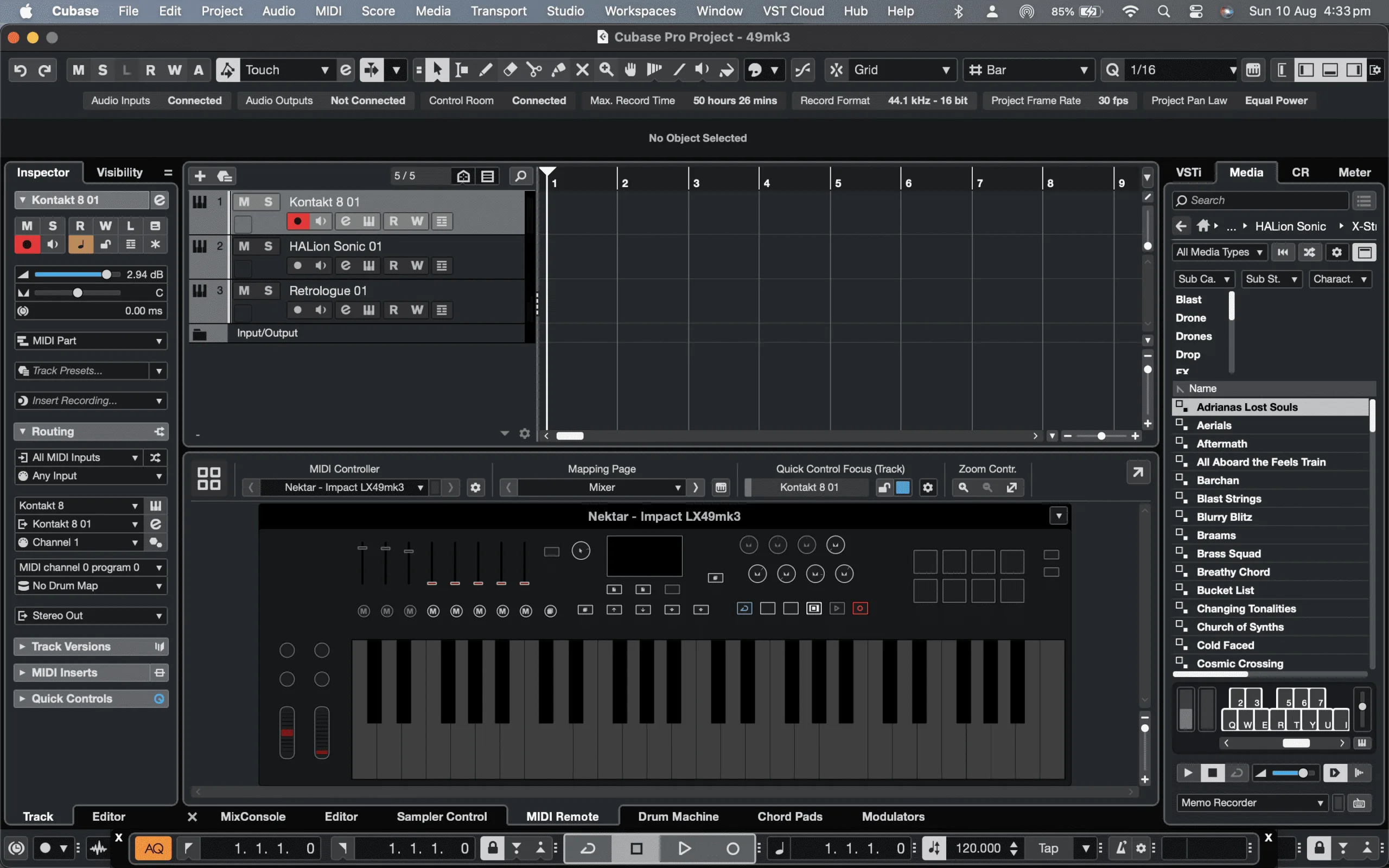 Cubase project window with an instrument track and an on-screen keyboard
