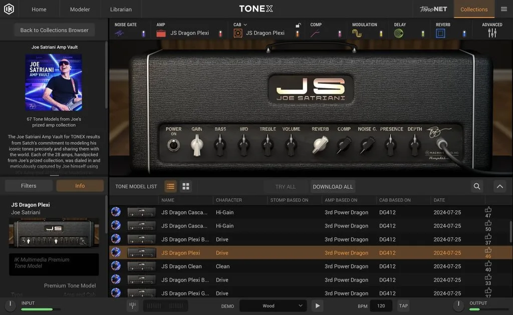 TONEX ONE Joe Satriani amp model interface showing gray textured amp head with control knobs and Joe Satriani branding