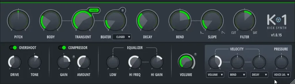 Nektar Aura K-1 kick synth plug-in controls