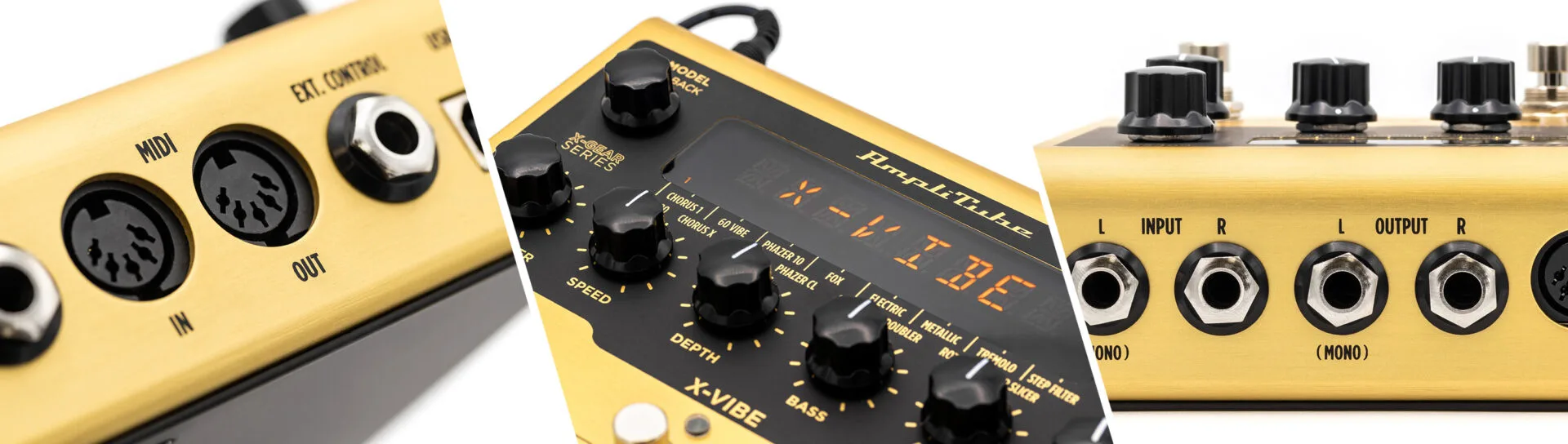 Three angled views of IK Multimedia AmpliTube X-VIBE: yellow and black control unit with knobs, MIDI connectors, and mono I/O jacks