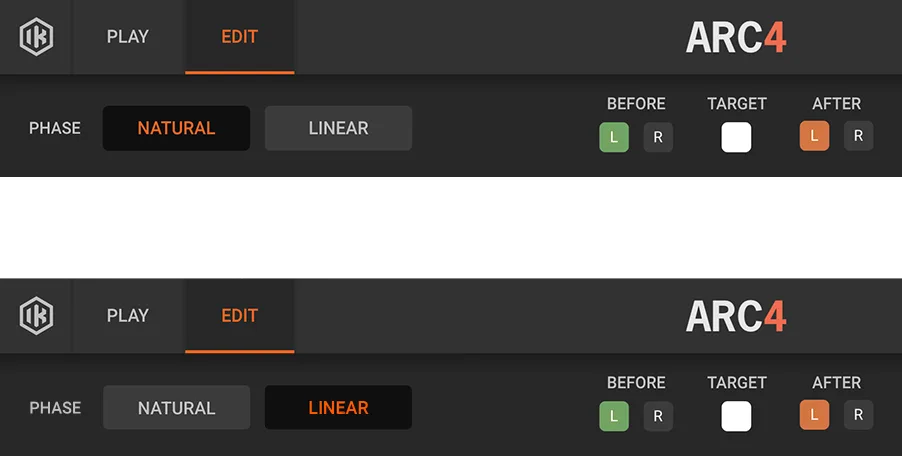 ARC4 edit interface showing Natural and Linear phase options with before/target/after signal flow diagram