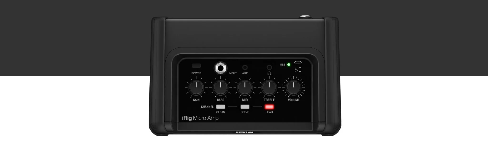 Top-down view of black iRig Micro Amp with five control knobs labeled Gain, Bass, Mid, Treble, Volume, and channel switches below