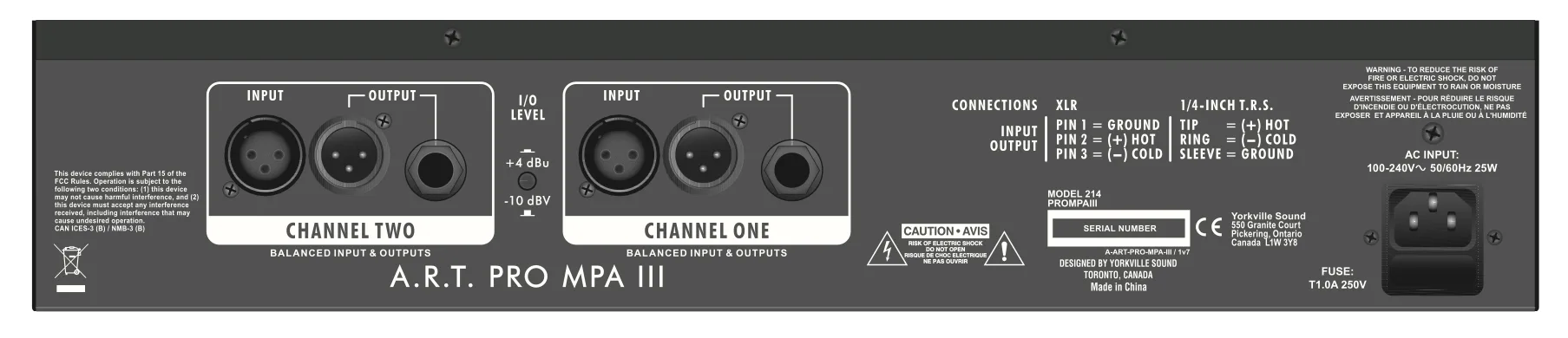 ART Pro MPA III rear panel showing two balanced audio channels with XLR connectors and 1/4-inch outputs