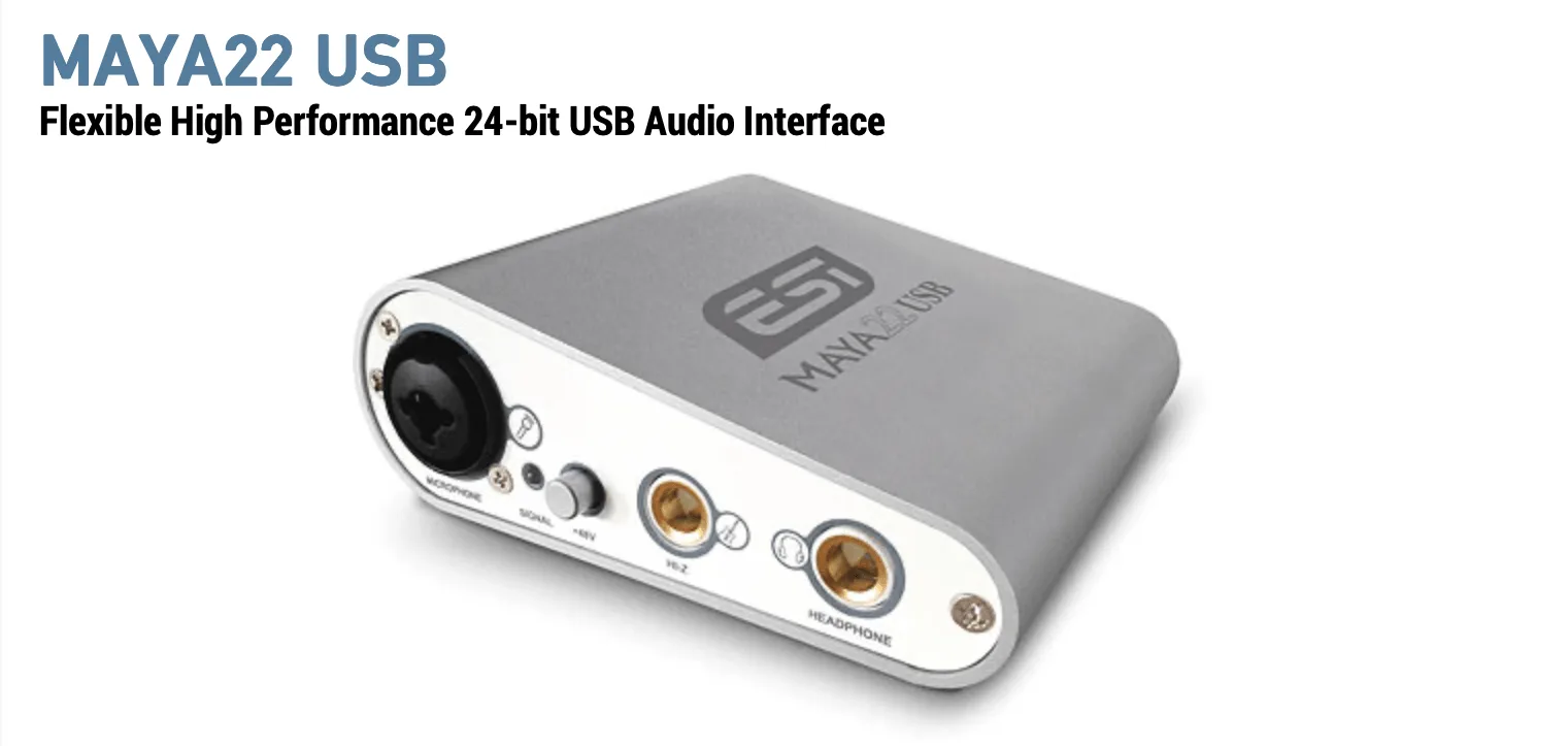 ESI MAYA22 USB audio interface, gray top with white front panel showing XLR input, knobs, and gold-plated connectors