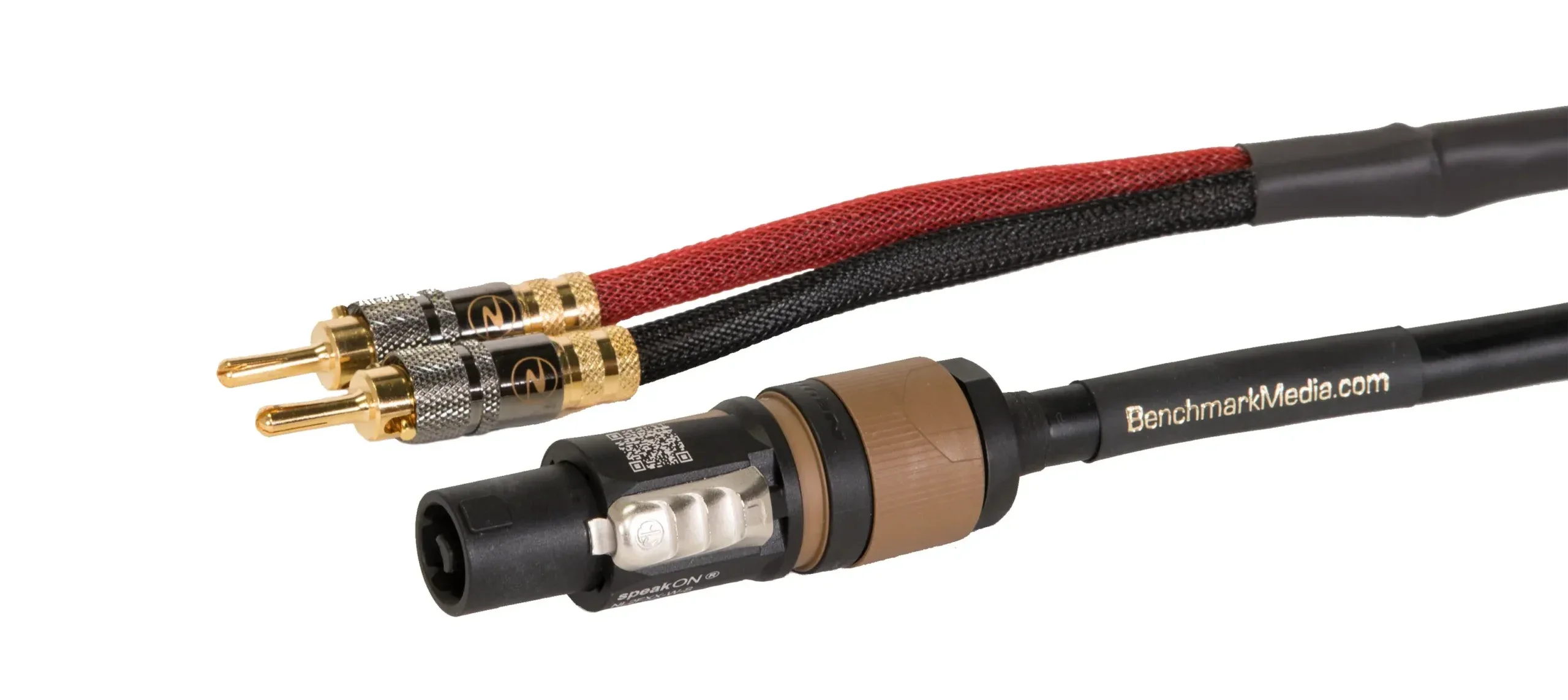 Benchmark speaker cable with banana plugs at one end and a Speakon connector at the other