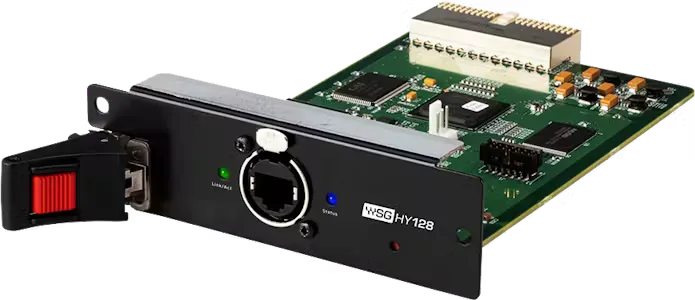 Waves WSG-HY128 interface showing black front panel with XLR input, green PCB card, and red power switch