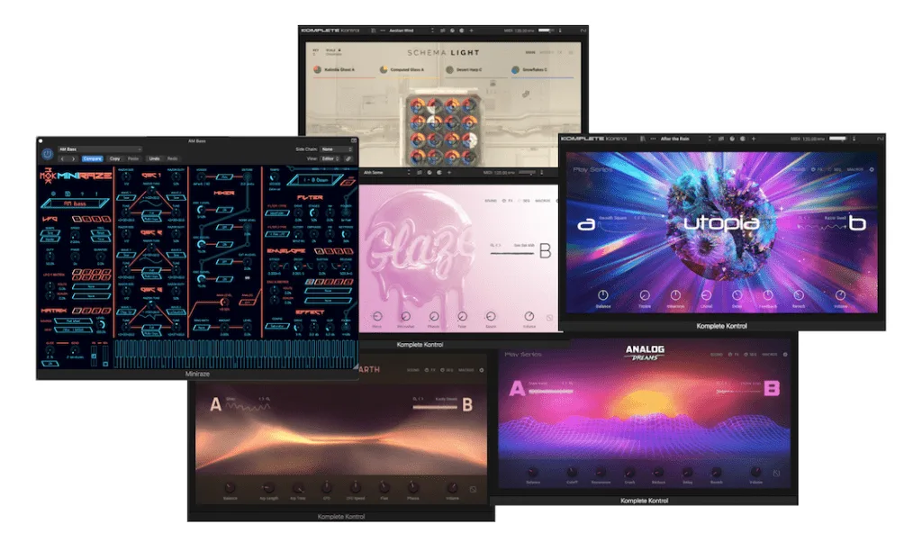 Bundled software instruments and plug-ins shown on several screens
