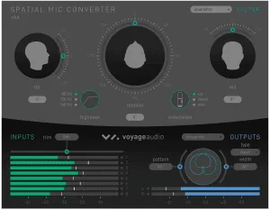 Voyage Audio Spatial Microphone USB interface showing three black capsule knobs, green input meters, and blue output fader on dark background