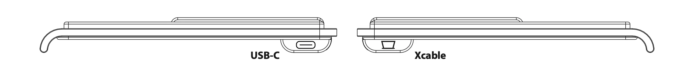 Top-down view of compact 37-key keyboard showing USB-C port on left end and Xcable connector on right end.