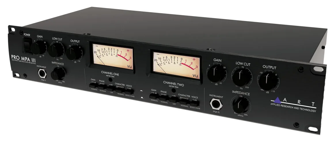 ART Pro MPA III dual-channel mic preamp shown at angle, displaying two VU meters, control knobs for gain and low-cut, and XLR connectors.