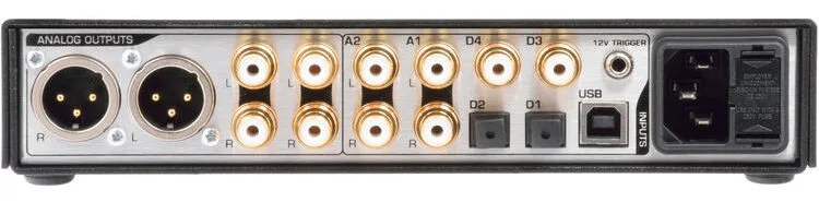 Benchmark DAC3 L silver audio converter rear panel showing XLR analog outputs, RCA connectors, digital inputs, and USB port
