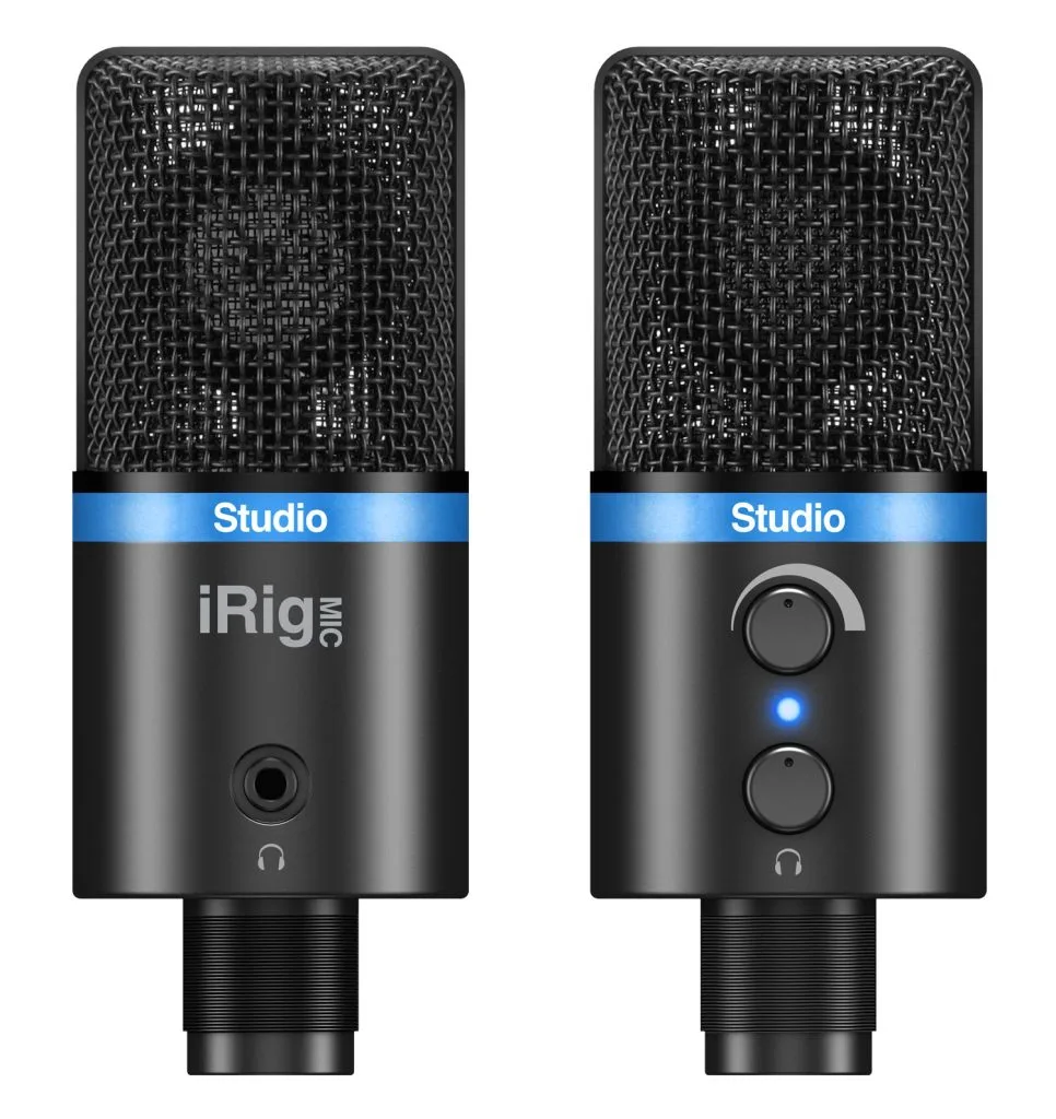 Front and back view of iRig Mic Studio black condenser microphone with blue band and dual control knobs