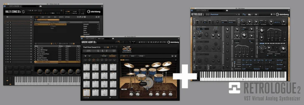 Nektar Impact GXP 49 keyboard controller with 49 keys displayed alongside music production software interfaces