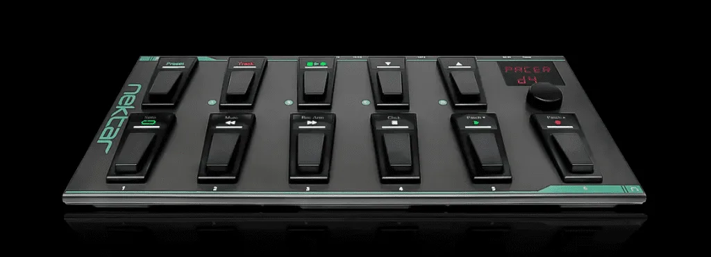 Nektar Pacer foot controller with six black pedals arranged horizontally, viewed from above at an angle against a black background