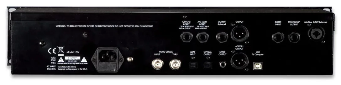 Black rear panel of ART VoiceChannel audio interface showing XLR connectors, input/output jacks, and power port