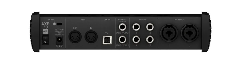 Top-down view of Axe I/O audio interface showing MIDI I/O, USB 2.0, XLR outputs, and dual instrument inputs on black background