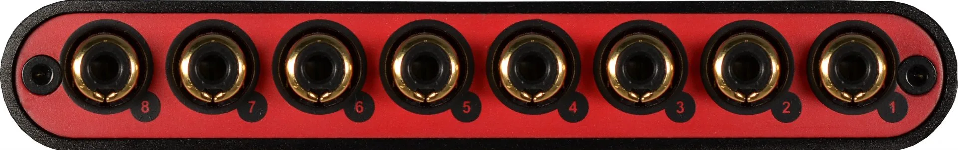 ESI GigaPort eX 8-channel audio interface, red faceplate with gold-ringed connectors numbered 1-8, top-down view