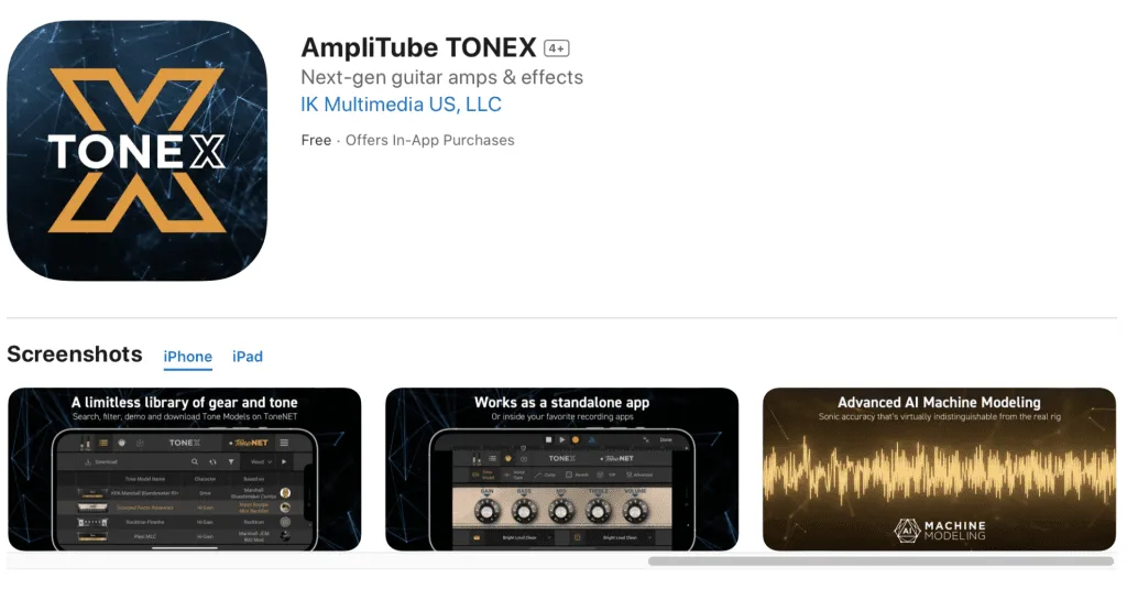 AmpliTube TONEX app interface showing dark control panel with knobs and settings on smartphone screen