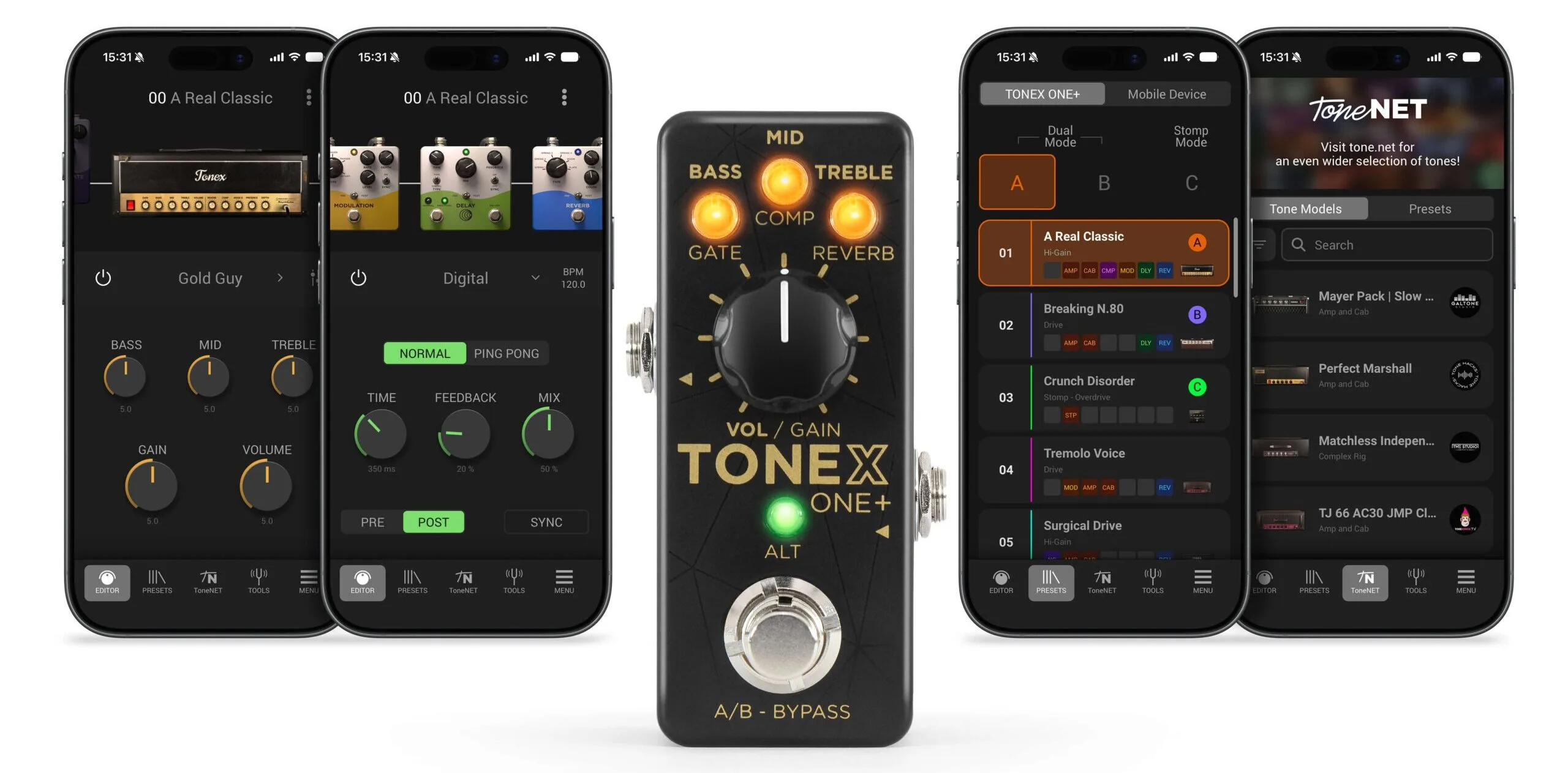 TONEX ONE+ compact black pedal with gold controls, shown with smartphone app interfaces displaying amp models
