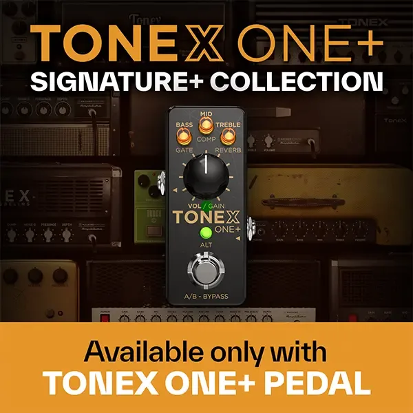 TONEX ONE+ compact guitar effects pedal with dark face, gold controls, and A/B bypass switch, displayed against vintage amplifiers