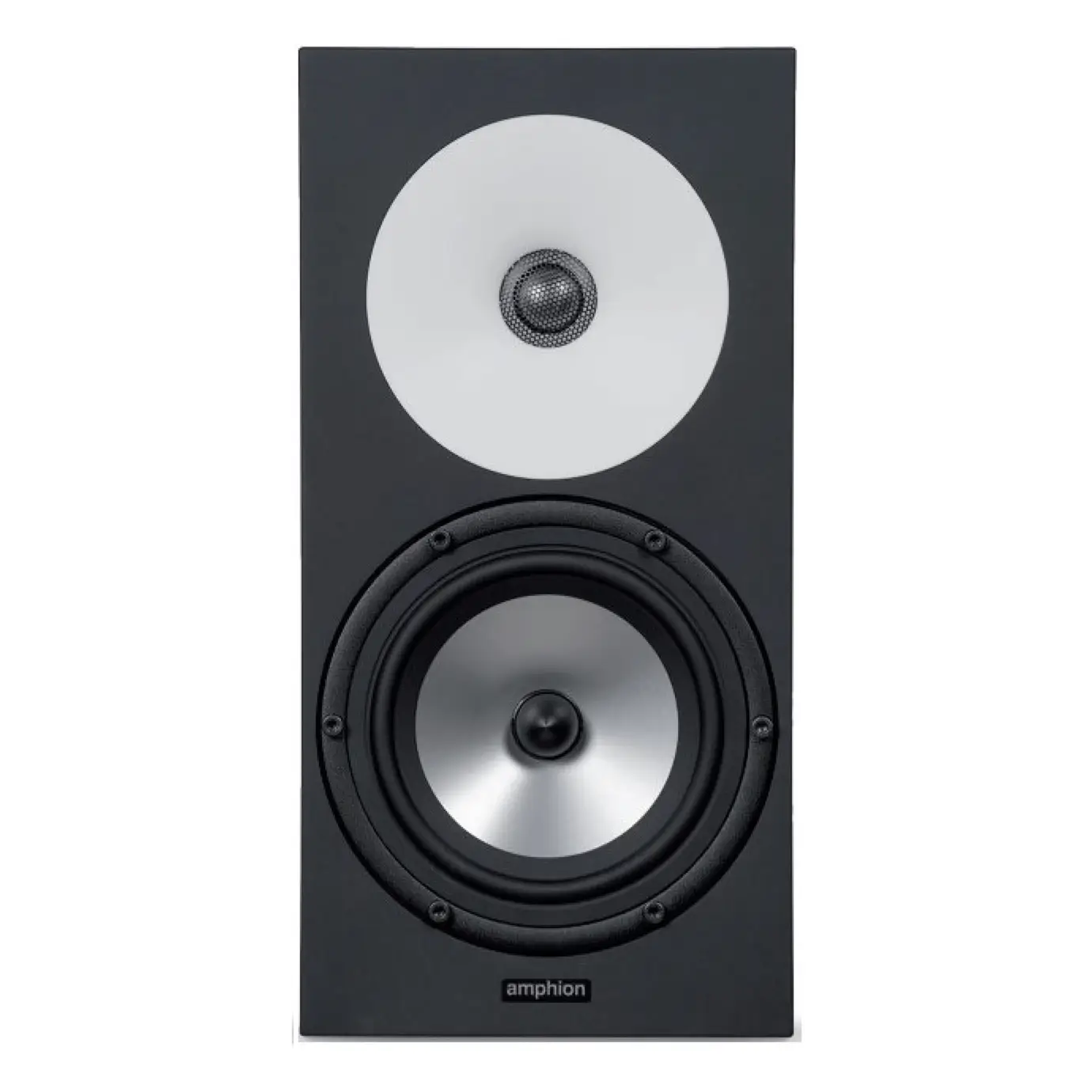 Front and rear views of Amphion One18X studio monitors showing tweeter, woofer, and connection panel