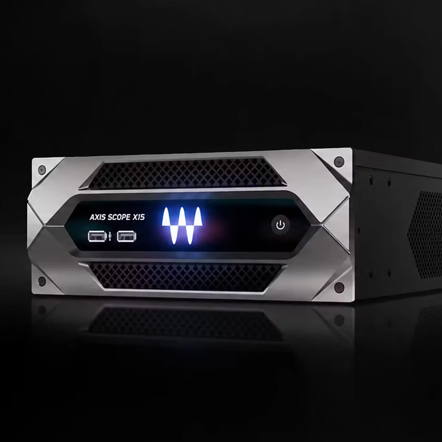 Waves Axis Scope audio interface shown at an angle, displaying illuminated waveform display and USB ports on dark brushed metal front panel