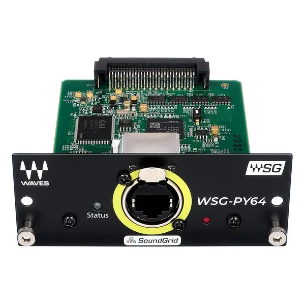 Waves WSG-PY64 interface card, black panel with yellow-rimmed RJ45 connector and Status button, angled right view