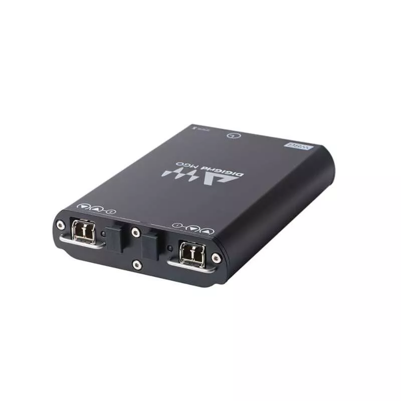 DiGiGrid MGO audio interface, black compact unit angled right, showing Ethernet port, XLR connector, and front controls against white background