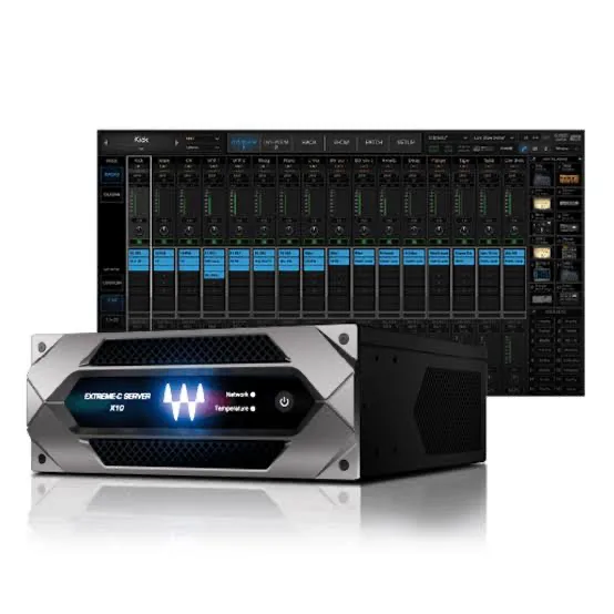Waves Extreme-C Server X10 hardware unit with illuminated display beside Kask DAW software interface on screen