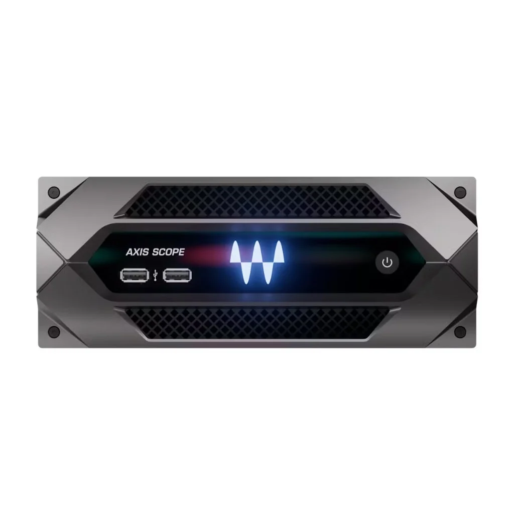 Waves Axis Scope audio interface shown at an angle, displaying illuminated waveform display and USB ports on dark brushed metal front panel