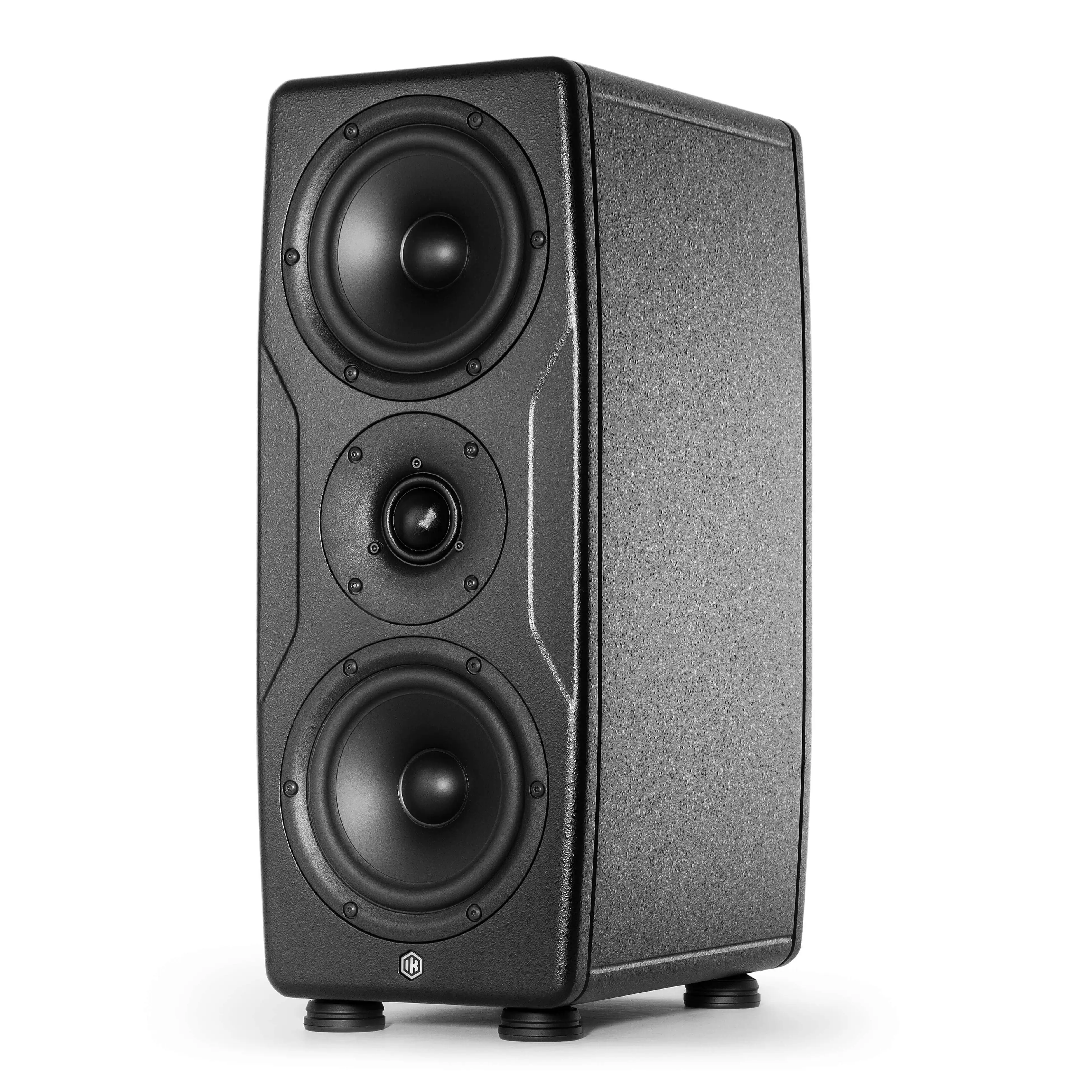 Black iLoud Precision MTM MKII speaker with dual woofers, centre tweeter, and included ARC remote on white background