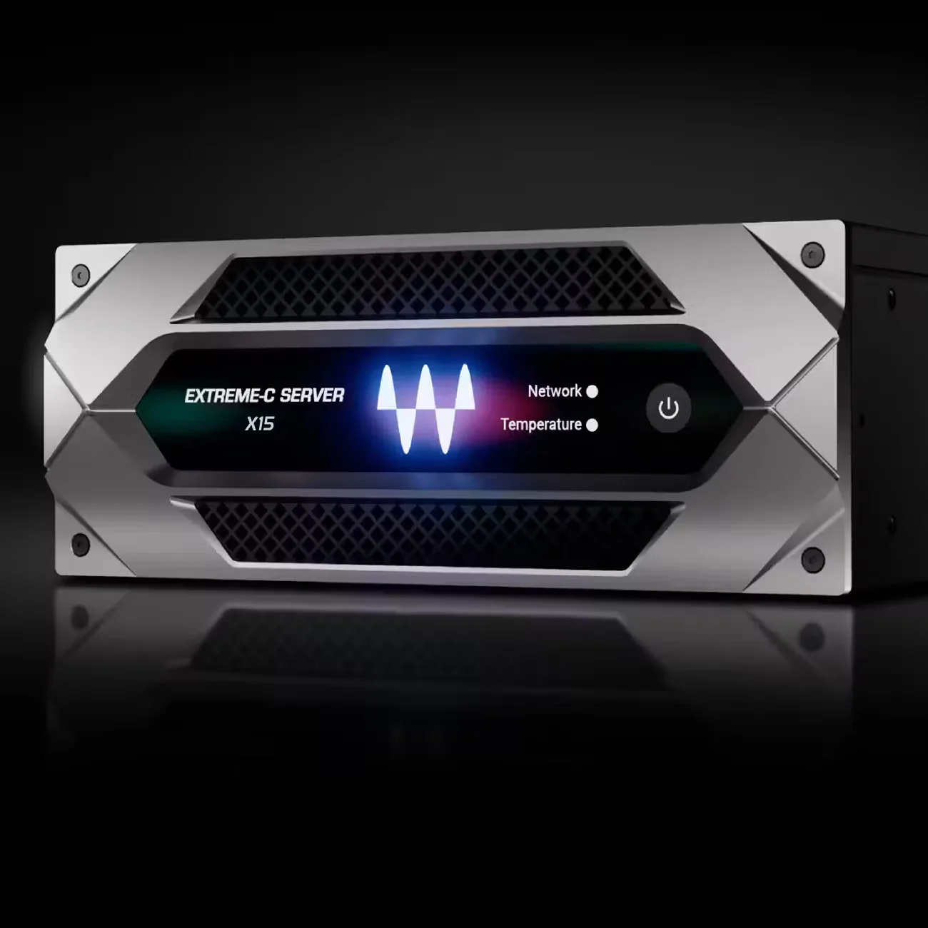Waves Extreme-C Server X15 hardware unit with illuminated display beside Kask DAW software interface on screen