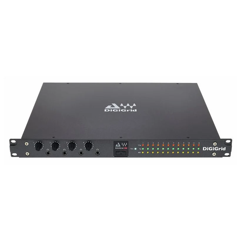 DiGiGrid IOX rackmount audio interface, black 1U unit with control knobs on left and LED indicator array on right