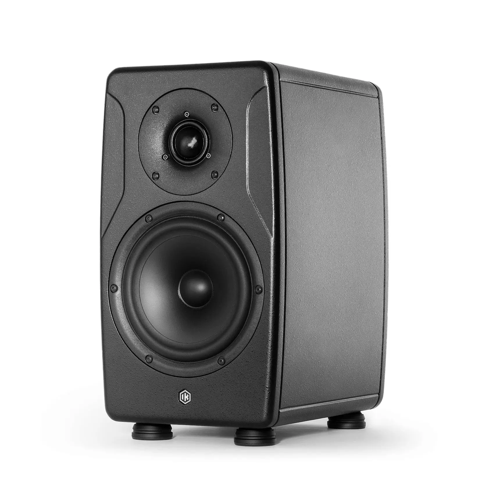 Black iLoud Precision 6 MKII studio monitor with 6-inch woofer and tweeter, shown front view with remote control