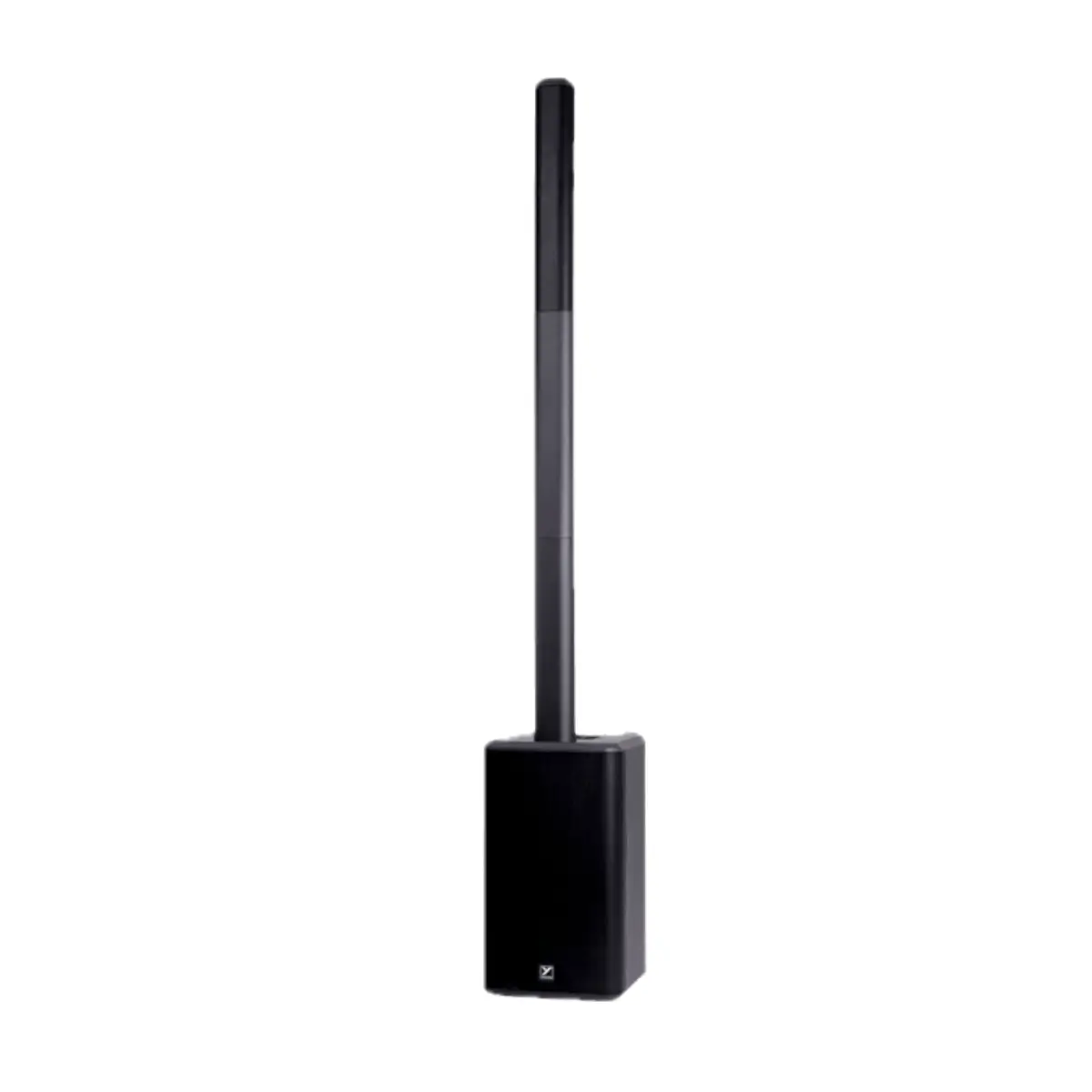 Black EXM mobile tower speaker with tall antenna rod mounted on compact base, shown against white background
