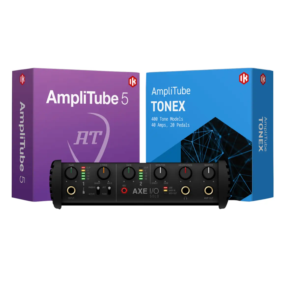 AXE I/O Solo audio interface with purple AmpliTube 5 and blue TONEX software boxes displayed against black background