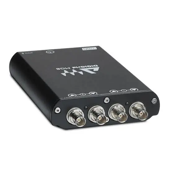 DiGiGrid MGB audio interface, black compact unit angled right, showing ethernet, BNC, and XLR connectors on front panel.